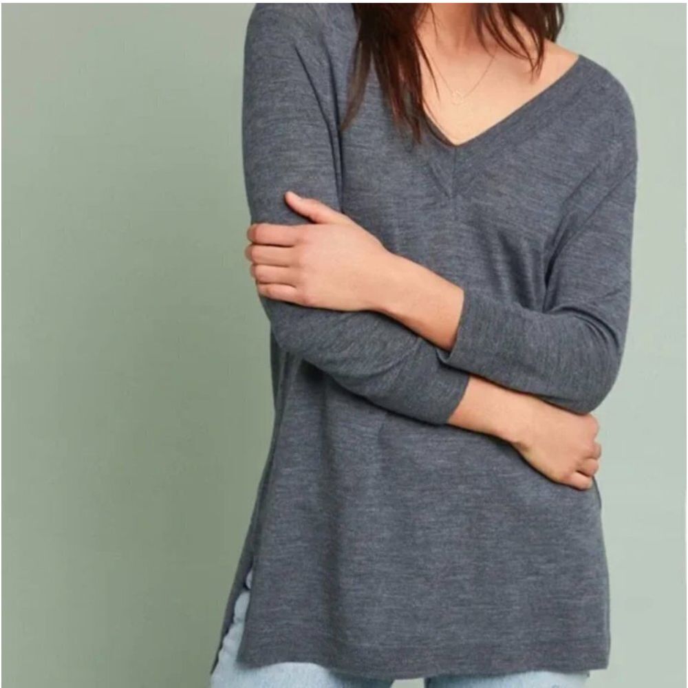 Anthropologie Moth 100% Fine‎ Merino Wool V-Neck Pullover Sweater Gray S